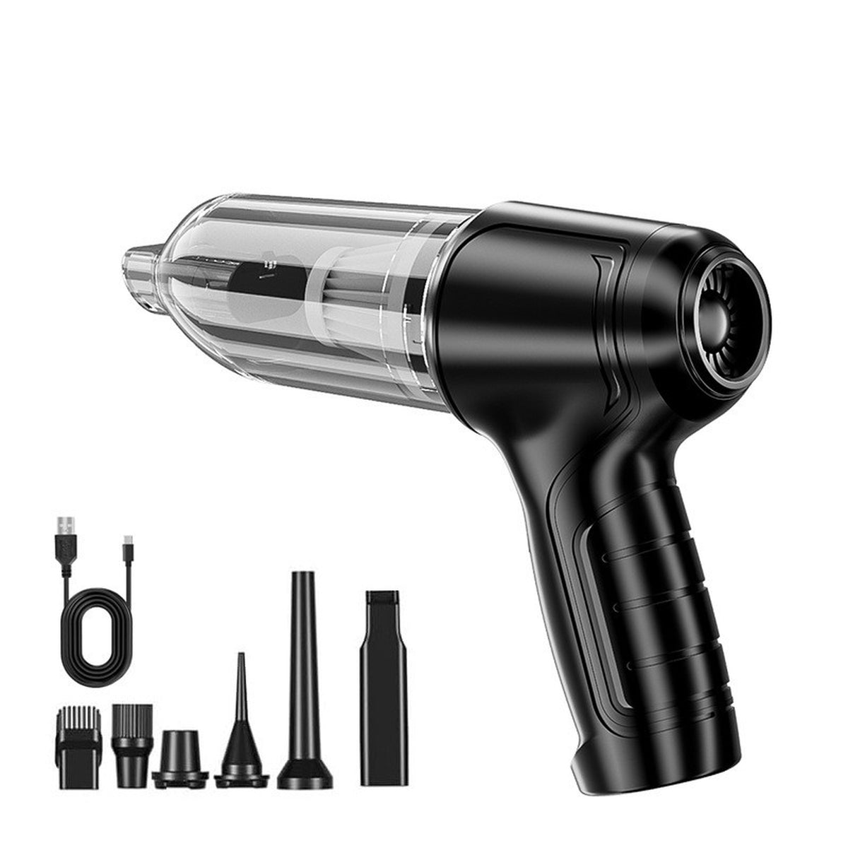 Aspirateur voiture sans fil coloris noir et ses six embouts