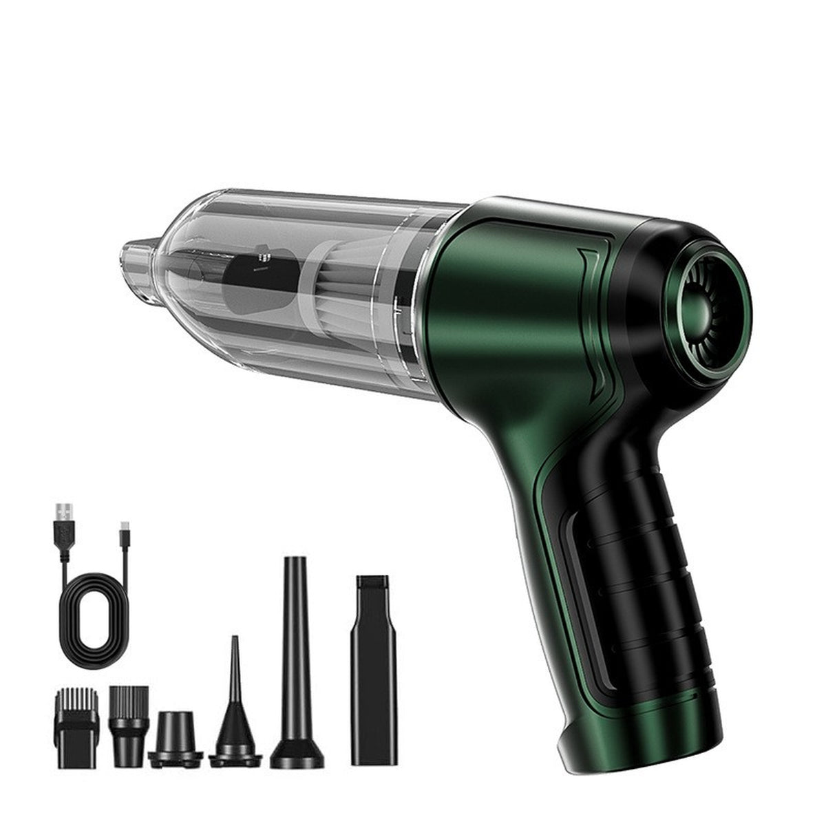 Aspirateur voiture sans fil coloris vert et ses six embouts