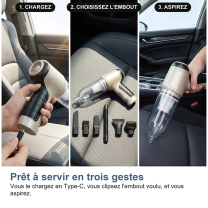 Charger l'aspirateur voiture, clipser l'embout puis aspirer