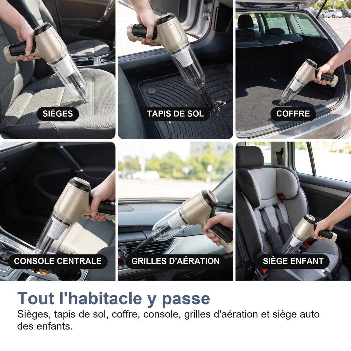 Six zones de la voiture nettoyées avec l'aspirateur sans fil