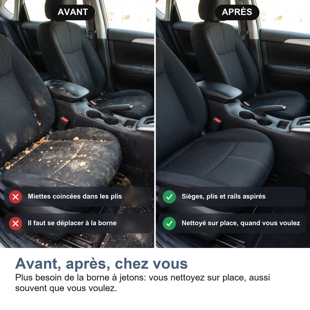 Habitacle avant et après le passage de l'aspirateur voiture