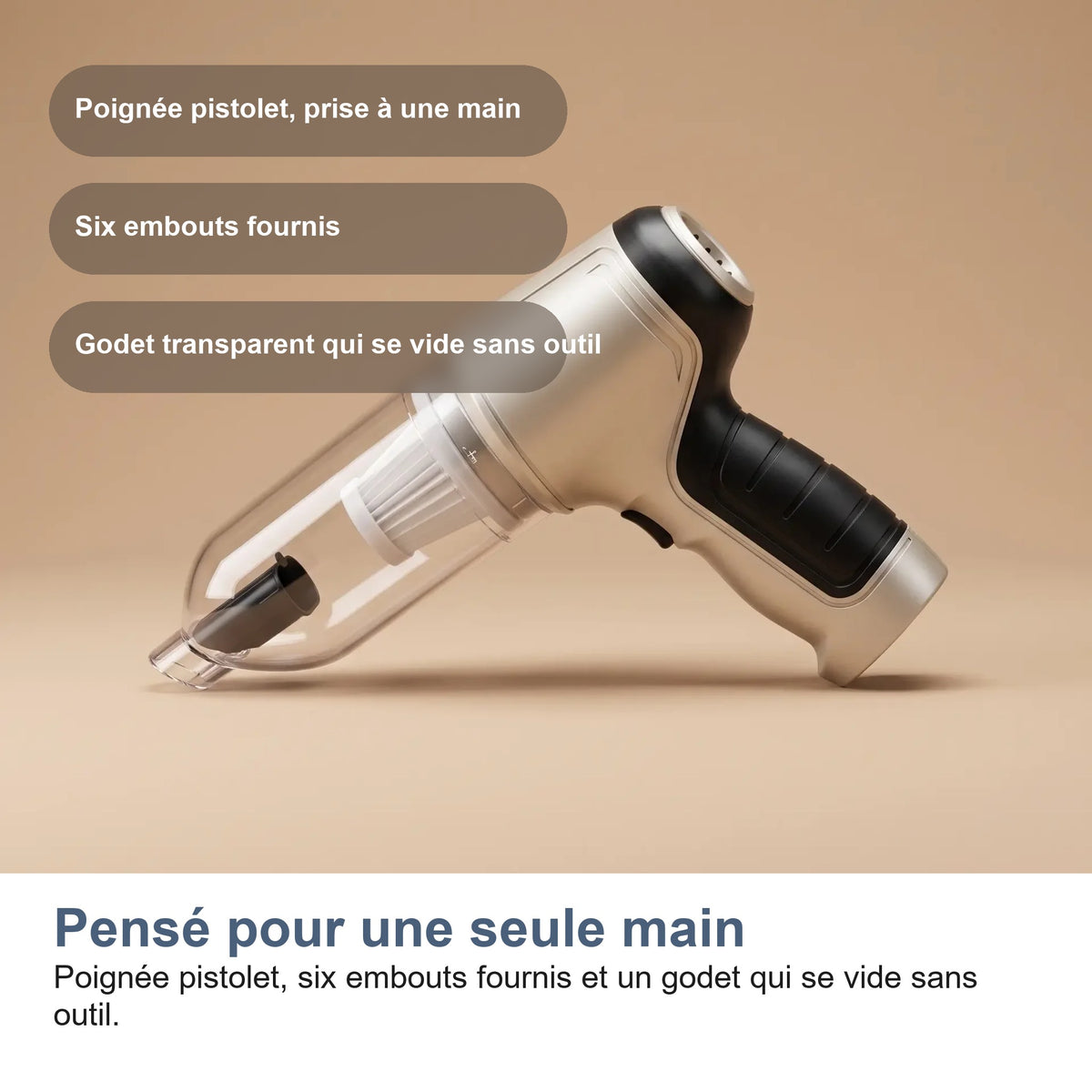 Poignée pistolet, six embouts et godet qui se vide sans outil