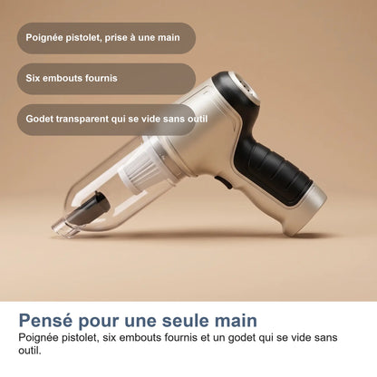 Poignée pistolet, six embouts et godet qui se vide sans outil
