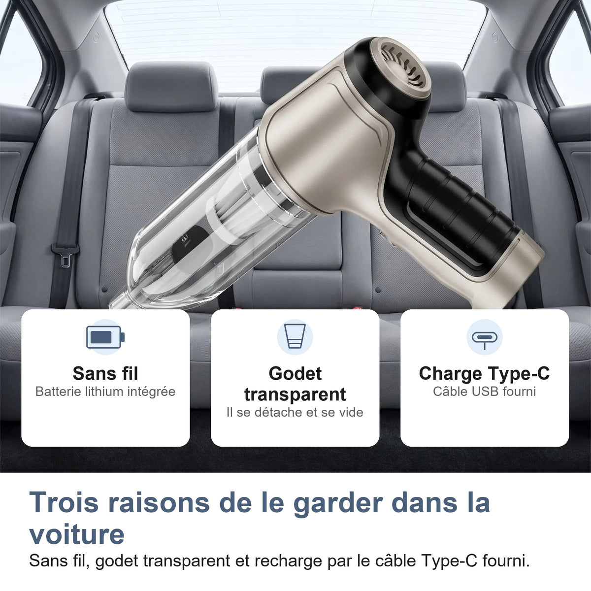 Sans fil, godet transparent et recharge par câble Type-C