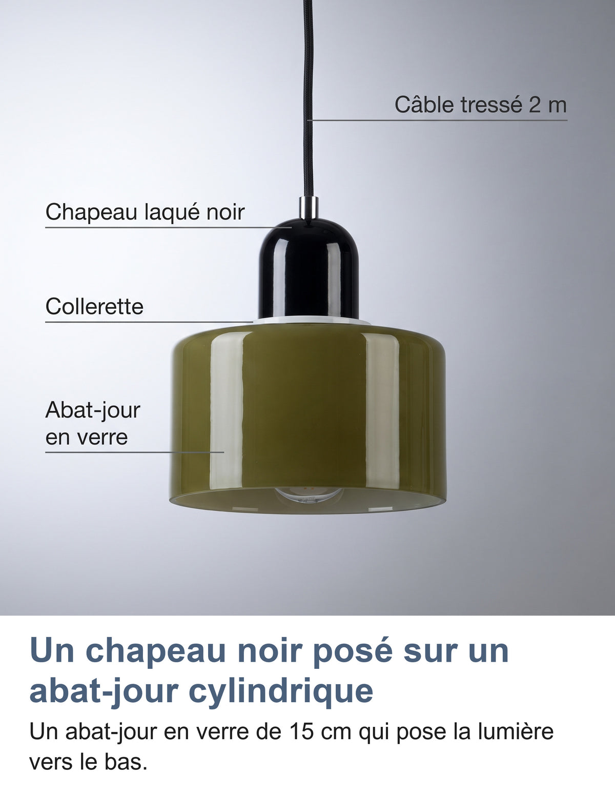 Suspension légendée : câble tressé 2 m, chapeau laqué noir, collerette et abat-jour en verre vert foncé
