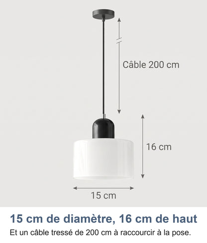 Dimensions de la suspension : 15 cm de diamètre, 16 cm de haut, câble de 200 cm (câble non représenté à l'échelle)