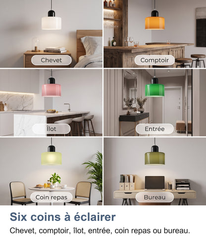La suspension en verre dans six coins : chevet, comptoir, îlot, entrée, coin repas et bureau