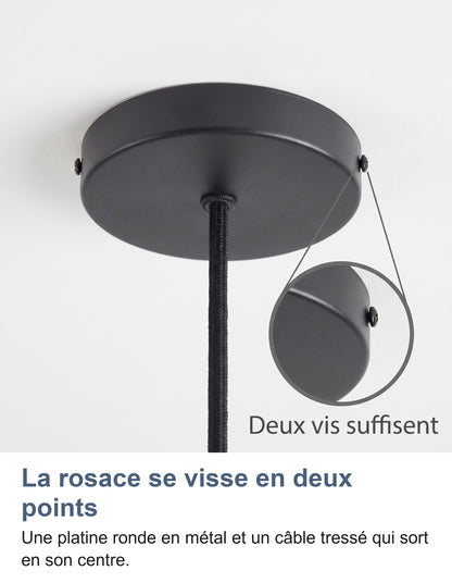 Rosace ronde en métal fixée au plafond par deux vis, câble tressé au centre