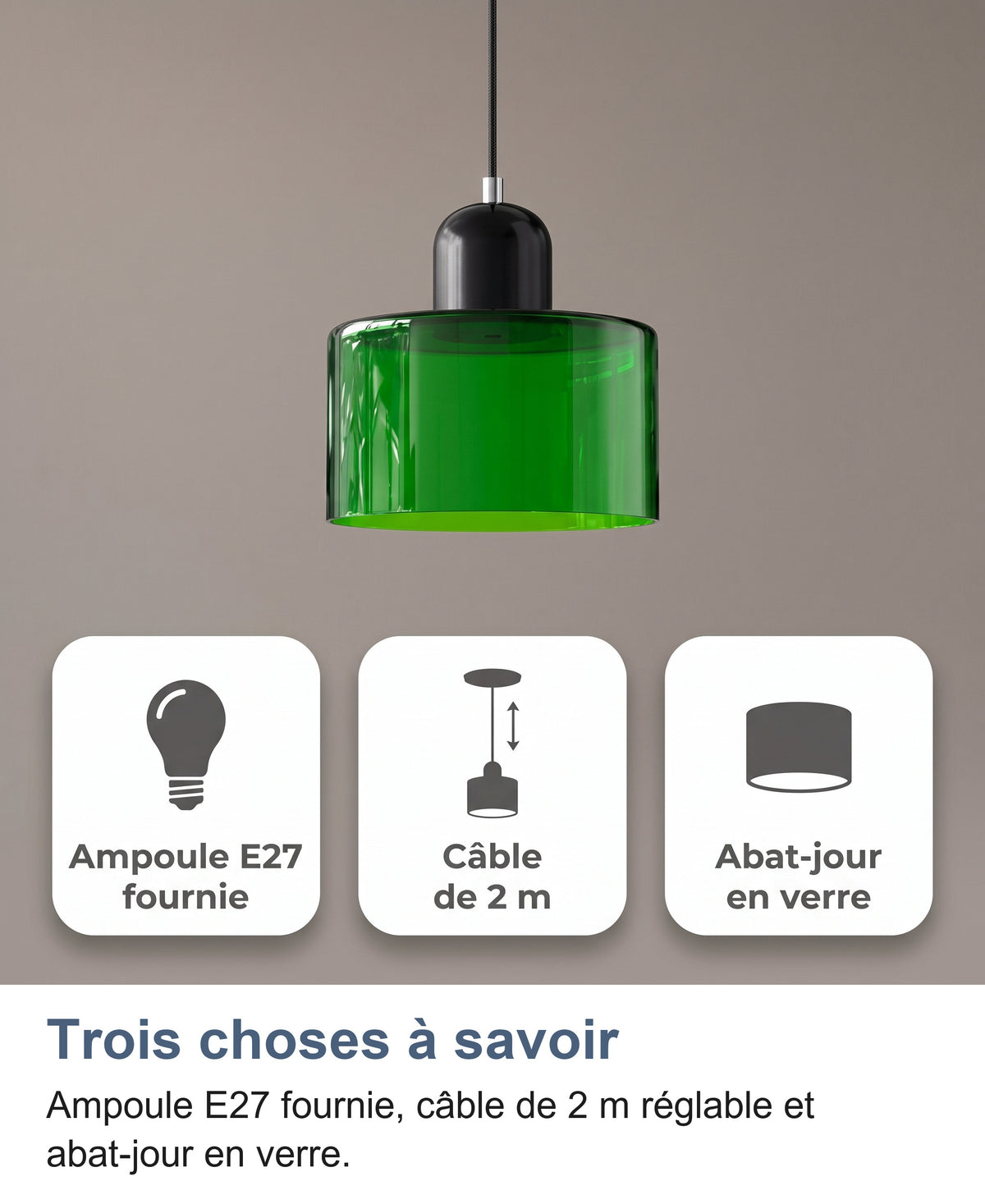 Suspension à abat-jour vert et trois cartes : ampoule E27 fournie, câble de 2 m, abat-jour en verre