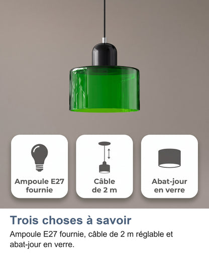 Suspension à abat-jour vert et trois cartes : ampoule E27 fournie, câble de 2 m, abat-jour en verre