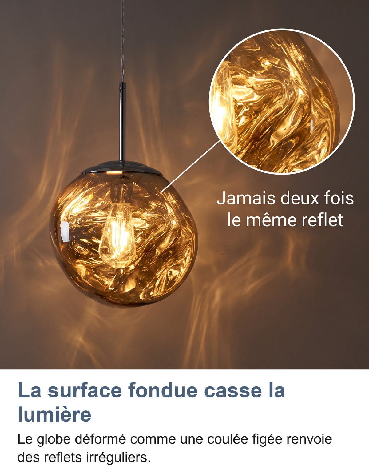 Globe effet lave allumé qui projette des reflets ondulés sur le mur, zoom sur la surface fondue