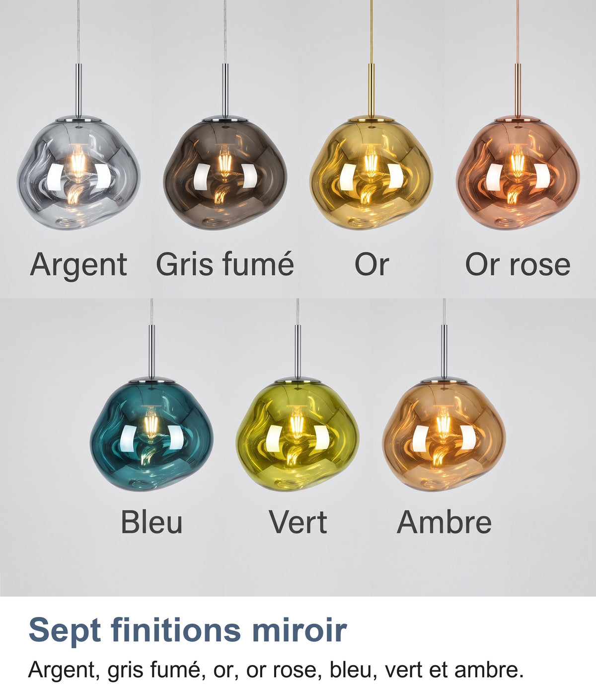 Les sept coloris de la suspension : argent, gris fumé, or, or rose, bleu, vert et ambre
