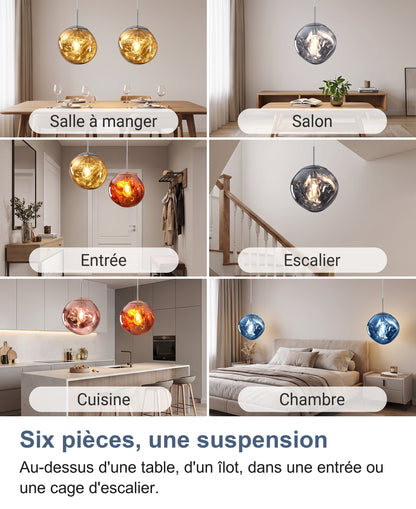 La suspension dans six pièces : salle à manger, salon, entrée, escalier, cuisine et chambre