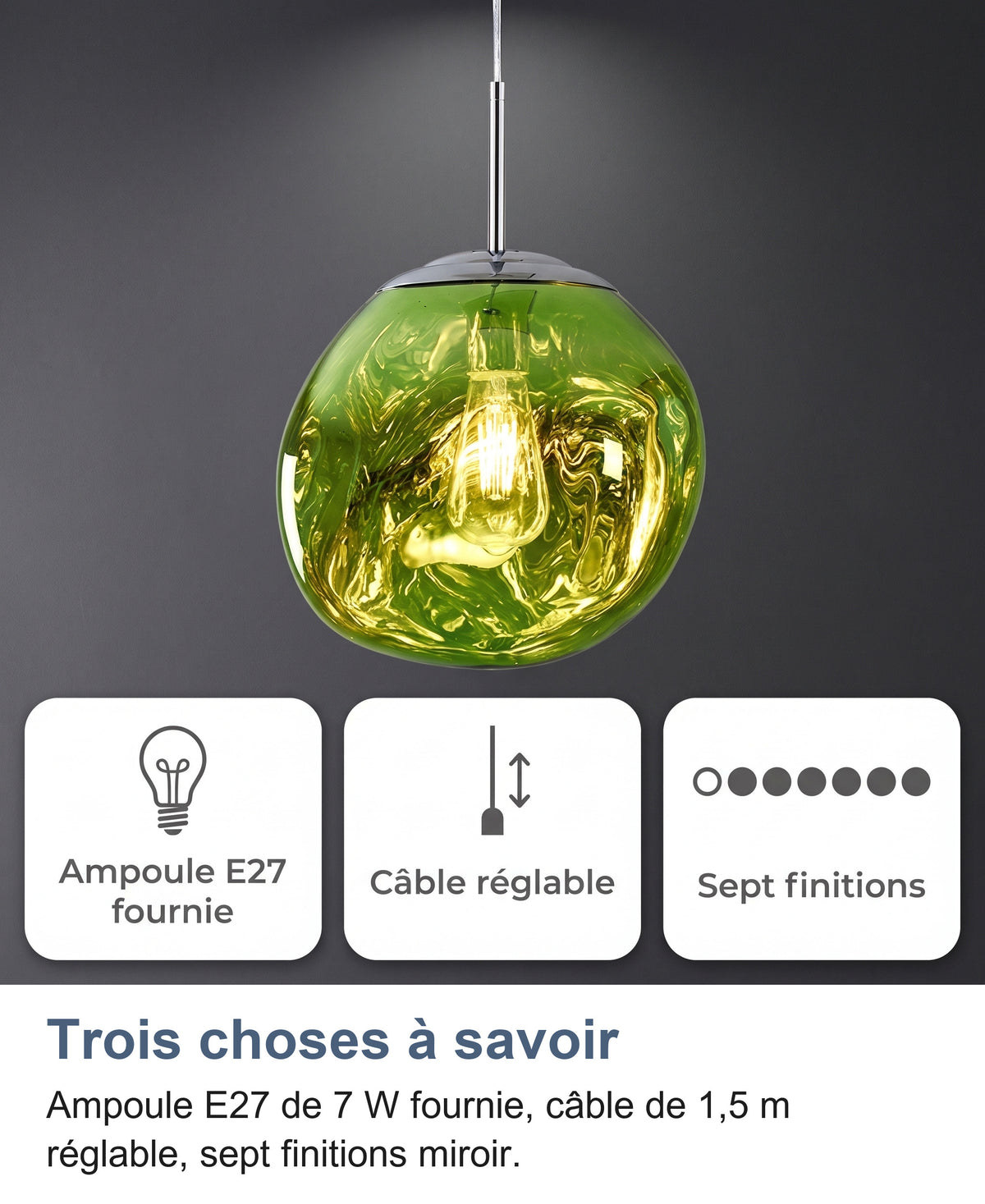 Suspension verte et trois cartes : ampoule E27 fournie, câble réglable, sept finitions