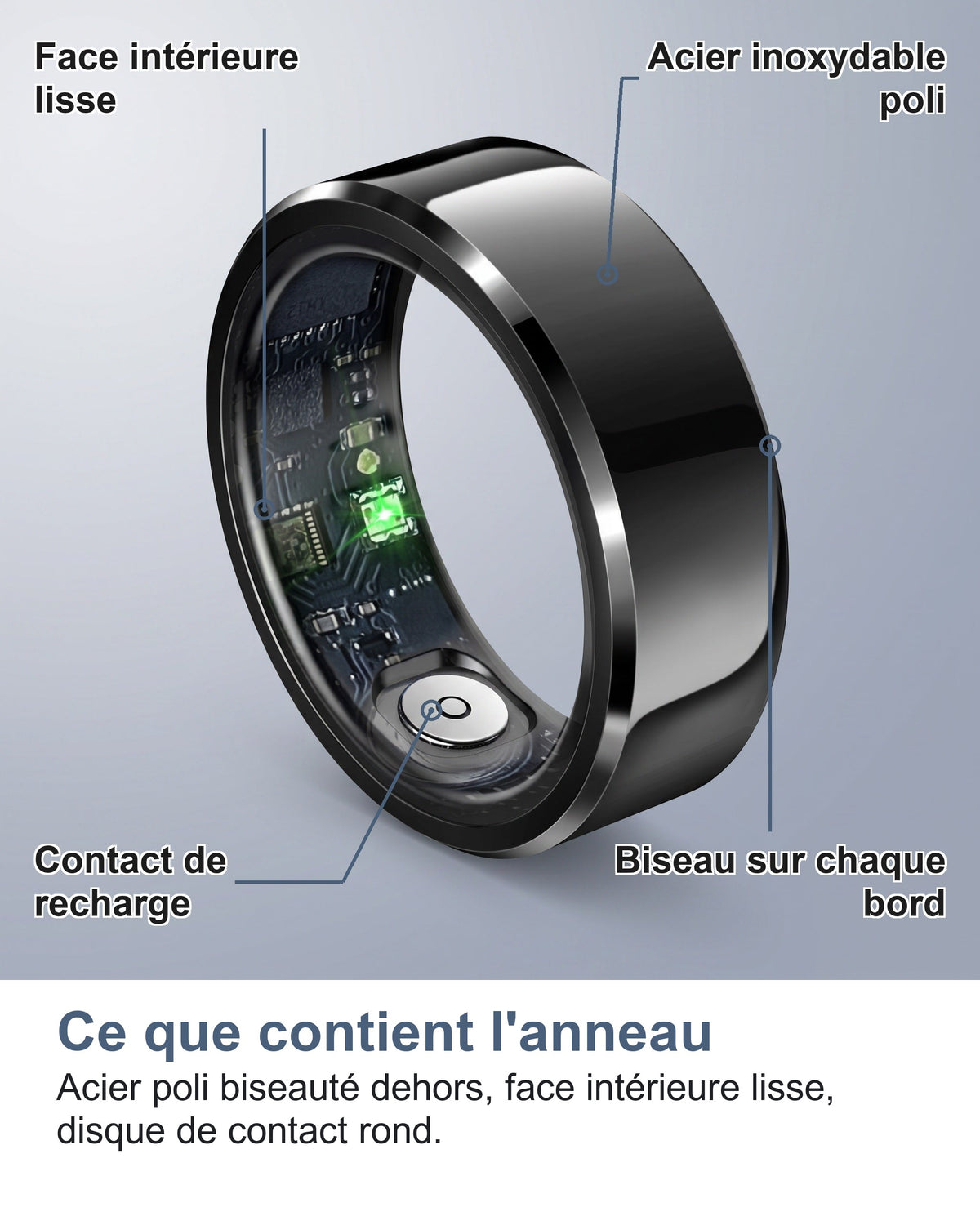 Ce que contient l'anneau Acier poli biseauté dehors, face intérieure lisse, disque de contact rond.