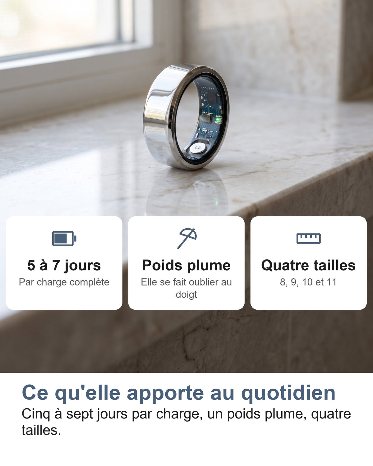 Ce qu'elle apporte au quotidien Cinq à sept jours par charge, un poids plume, quatre tailles.