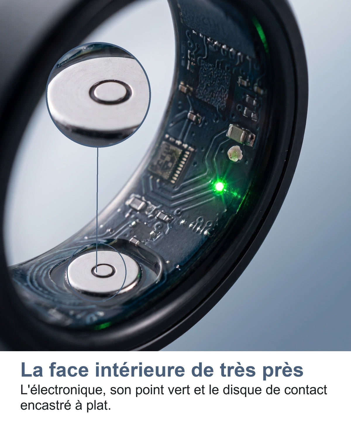 La face intérieure de très près L'électronique, son point vert et le disque de contact encastré à plat.