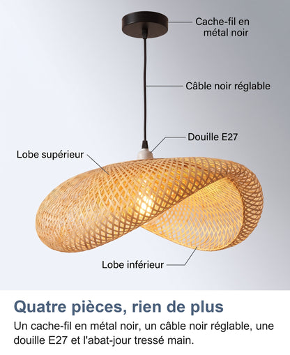 Anatomie de la suspension : cache-fil en métal noir, câble noir réglable, douille E27, lobe supérieur et lobe inférieur