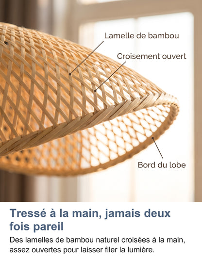 Gros plan du tressage : lamelle de bambou, croisement ouvert, bord du lobe