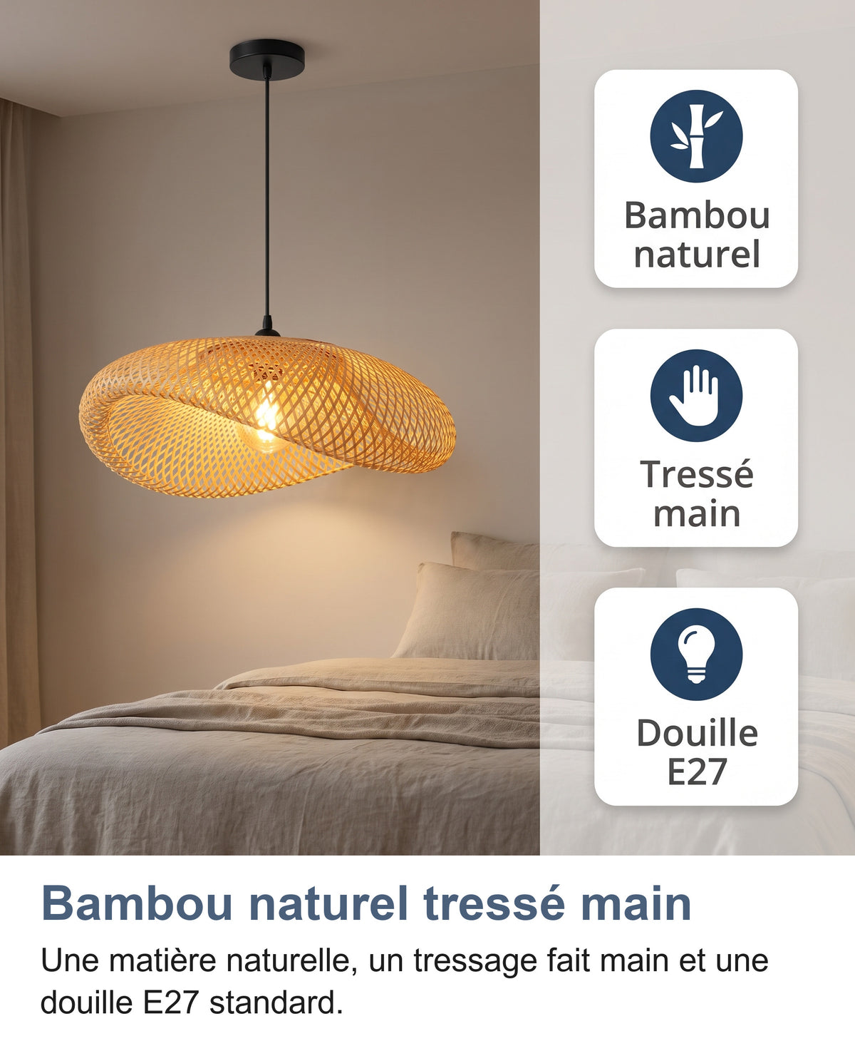 Suspension dans une chambre : bambou naturel, tressé main, douille E27