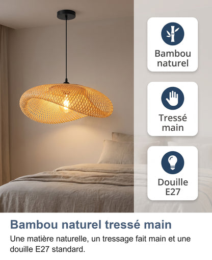 Suspension dans une chambre : bambou naturel, tressé main, douille E27