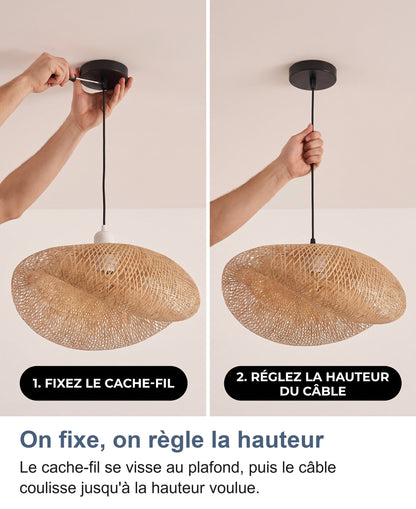 Deux gestes : fixer le cache-fil, puis régler la hauteur du câble