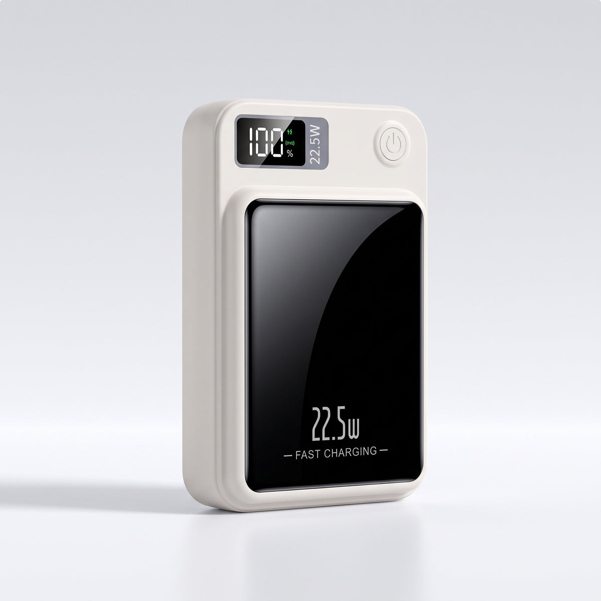Batterie externe magnétique blanche 20 000 mAh debout, écran du pourcentage allumé