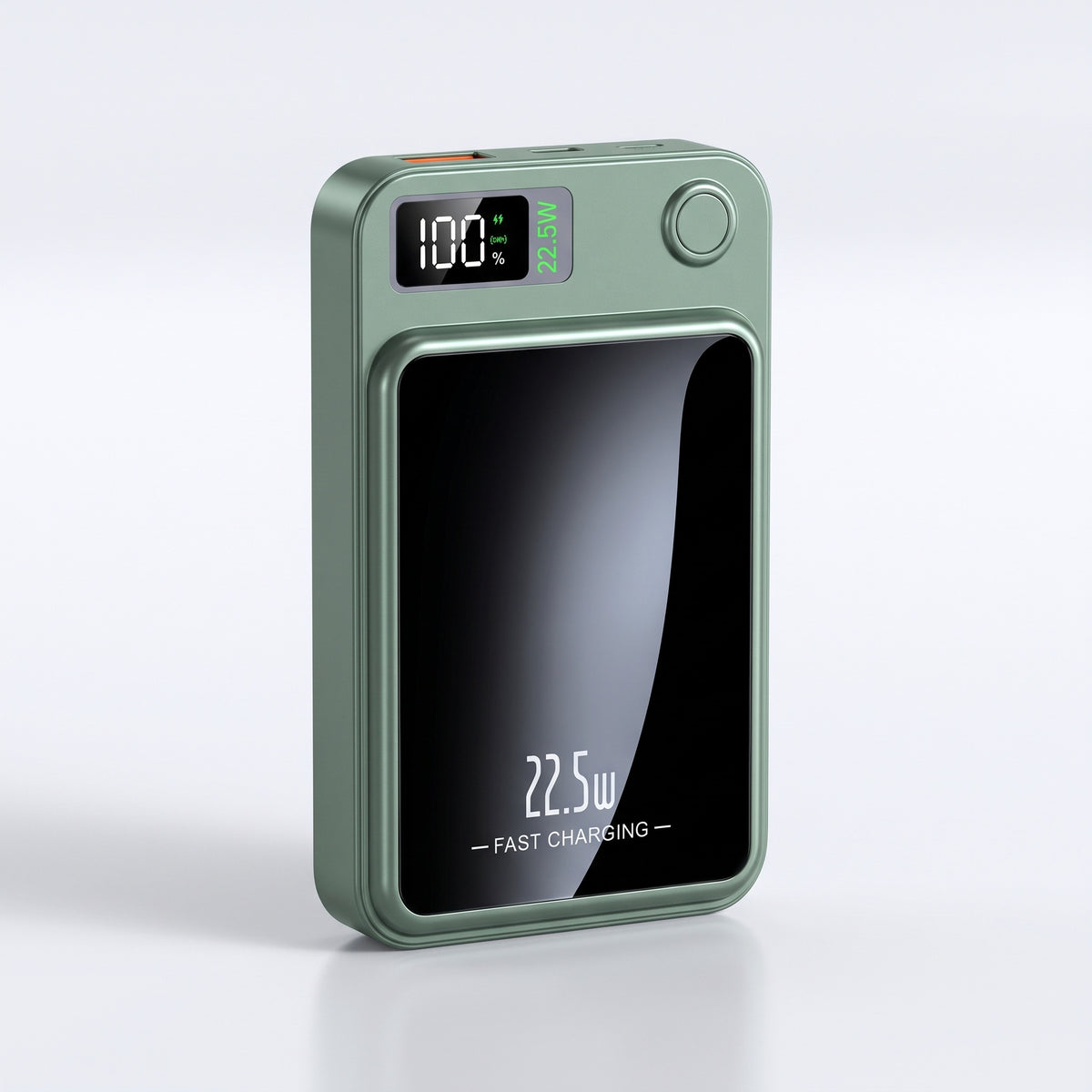 Batterie externe magnétique verte 20 000 mAh debout, écran du pourcentage allumé