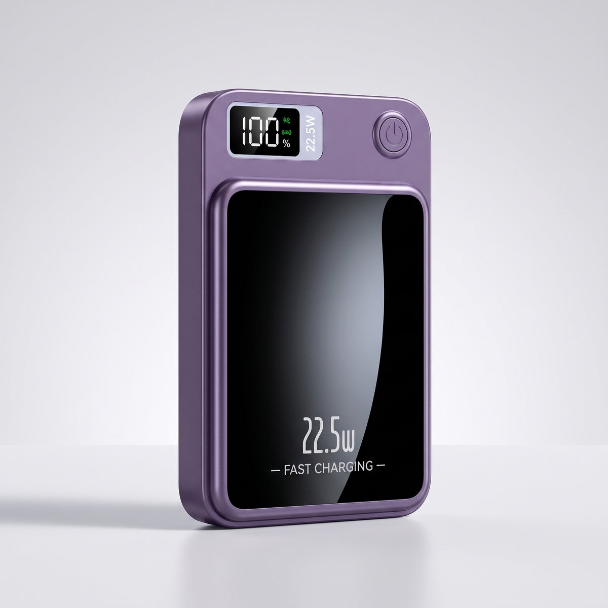 Batterie externe magnétique violette 20 000 mAh debout, écran du pourcentage allumé