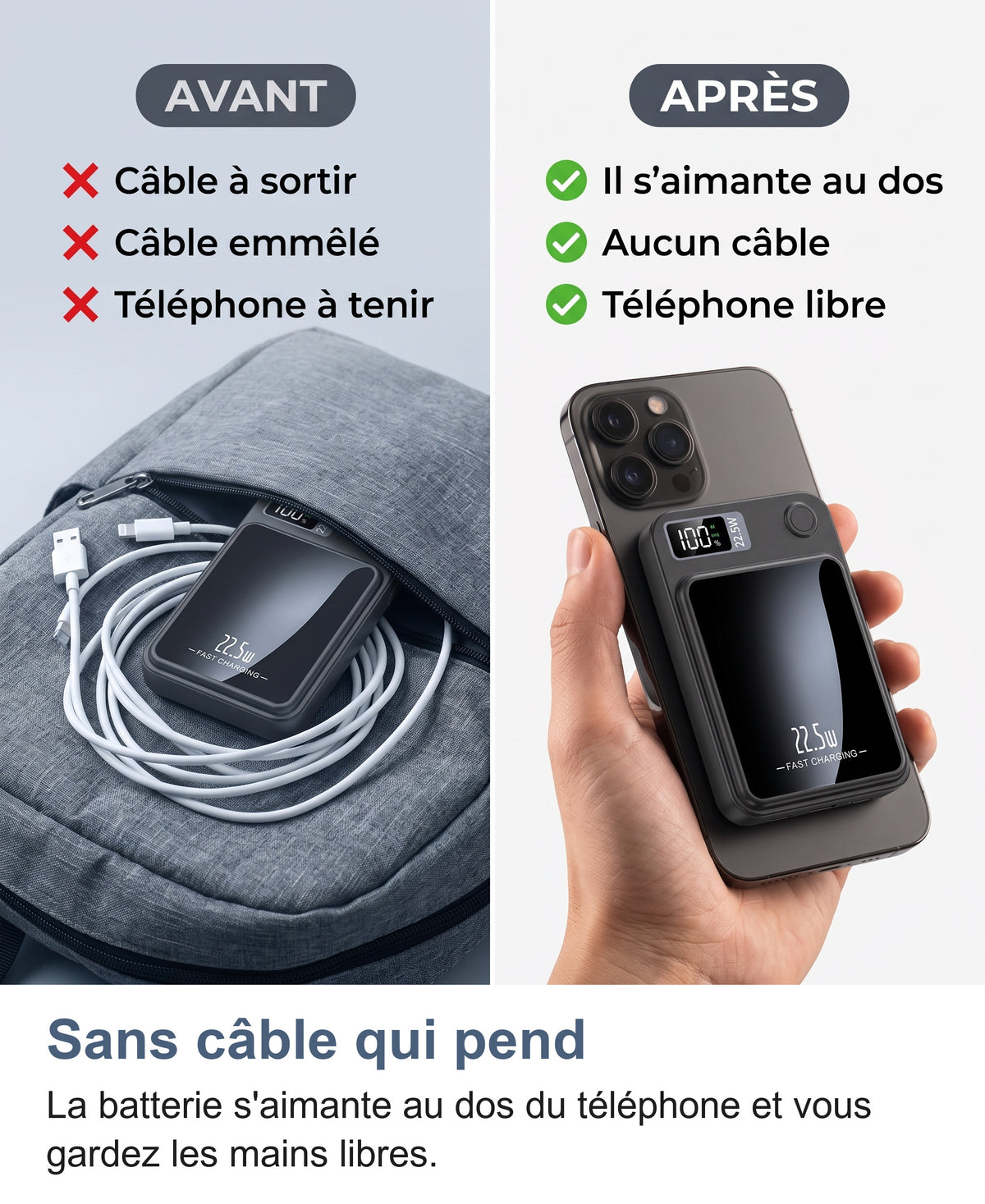 Batterie à câble emmêlée dans un sac comparée à la batterie aimantée au dos du téléphone