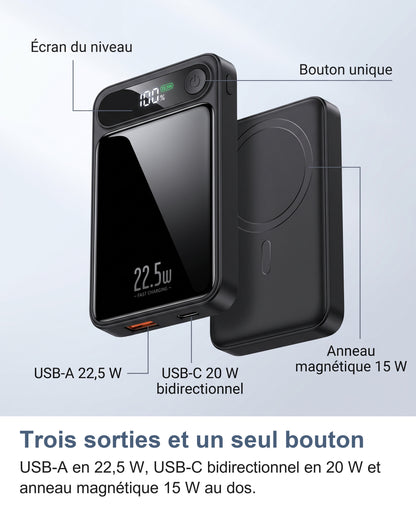 Les parties de la batterie externe: écran du niveau, bouton unique, USB-A 22,5 W, USB-C 20 W et anneau magnétique 15 W