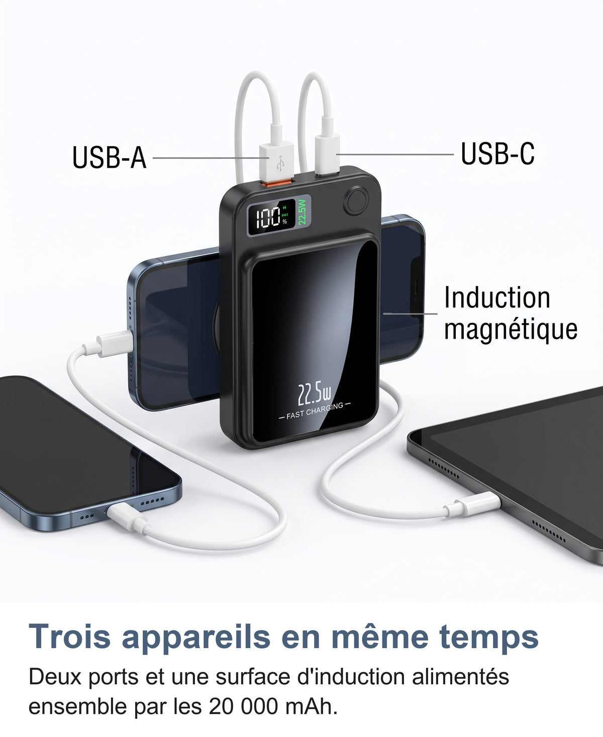 La batterie externe charge trois appareils: un téléphone par induction magnétique au dos et deux câbles branchés côte à côte en USB-A et USB-C sur le bord supérieur
