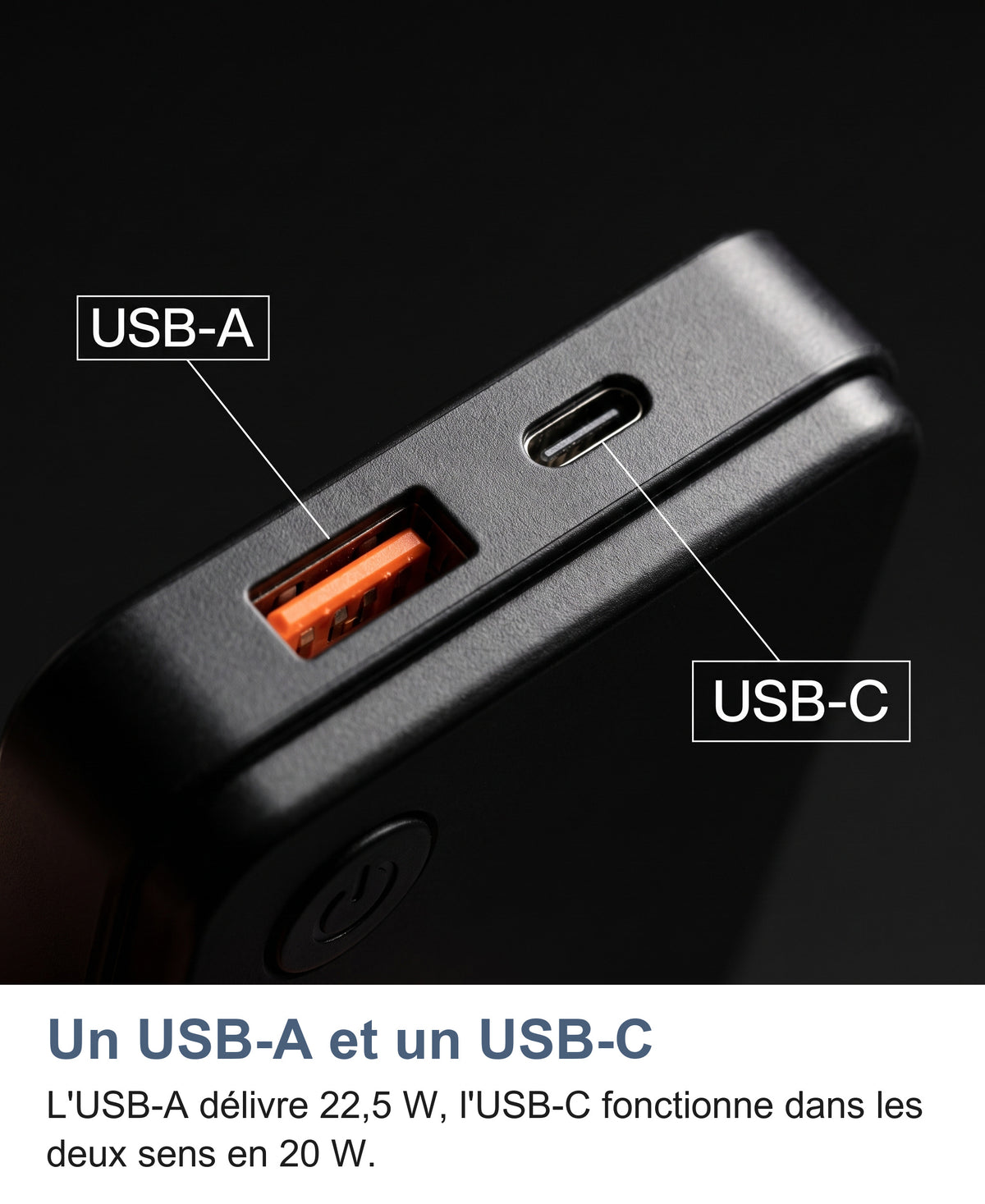 Macro des deux ports de la batterie externe: USB-A et USB-C