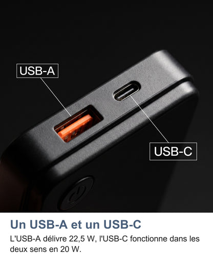 Macro des deux ports de la batterie externe: USB-A et USB-C