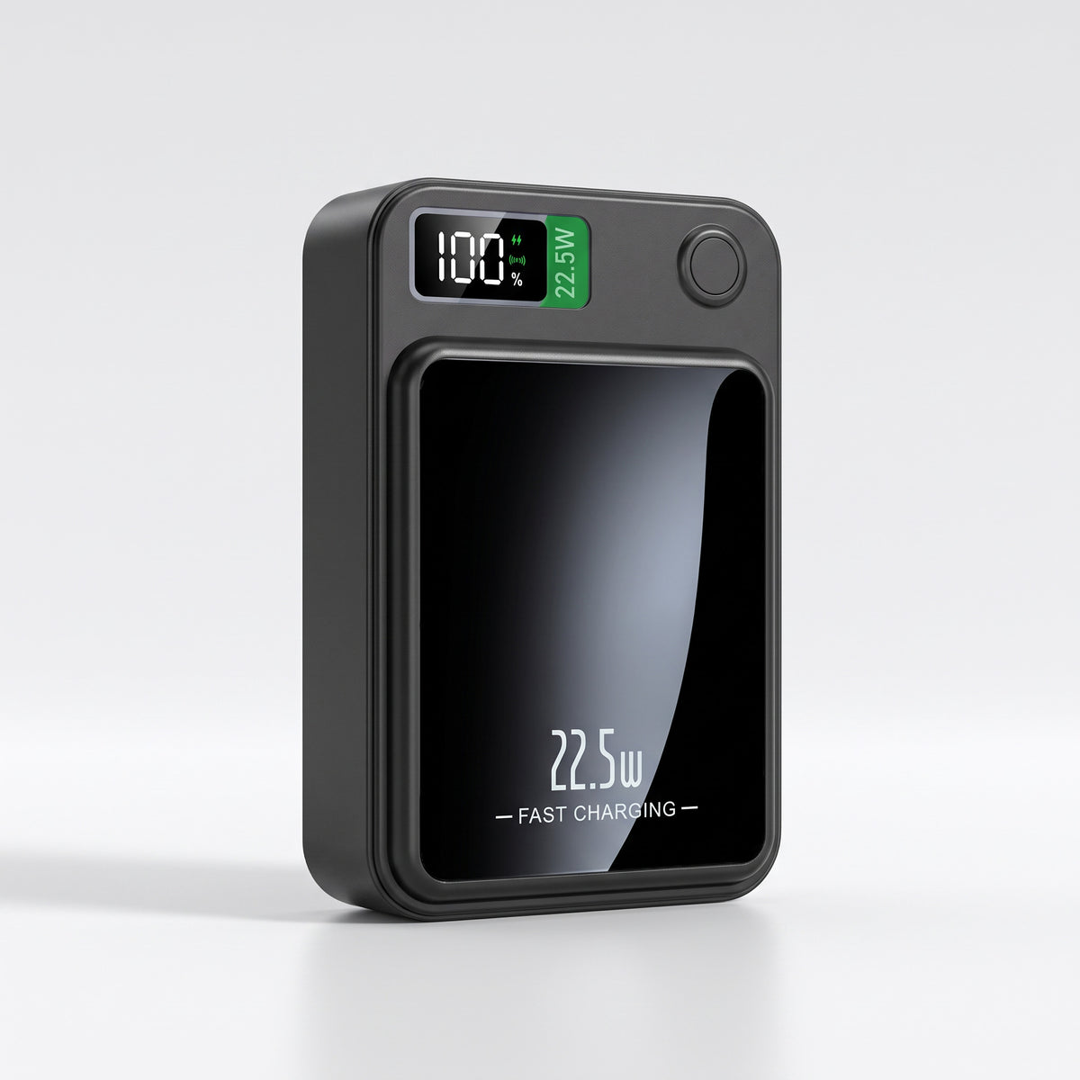 Batterie externe magnétique noire 20 000 mAh debout, écran du pourcentage allumé