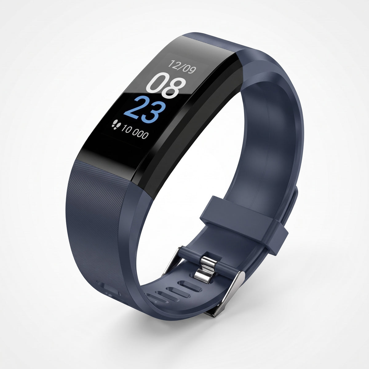 Bracelet connecté bleu à écran couleur affichant l'heure et les pas