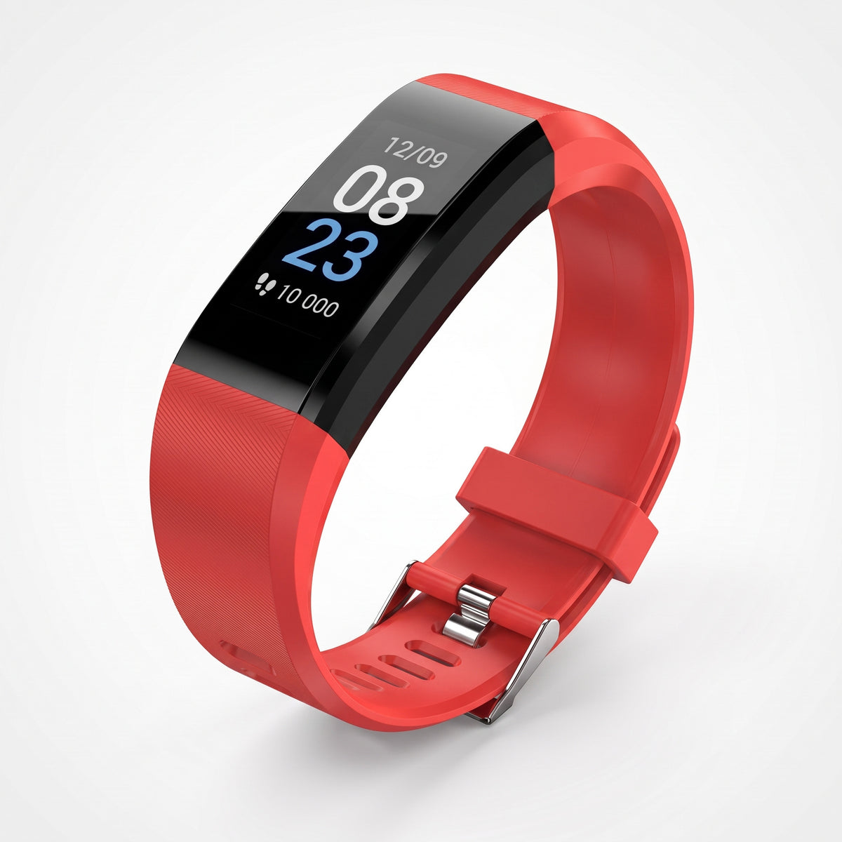 Bracelet connecté rouge à écran couleur affichant l'heure et les pas