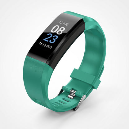 Bracelet connecté vert à écran couleur affichant l'heure et les pas
