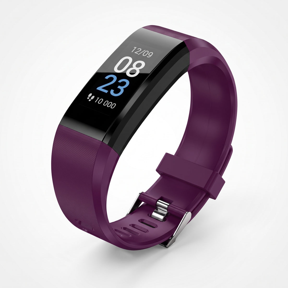 Bracelet connecté violet à écran couleur affichant l'heure et les pas