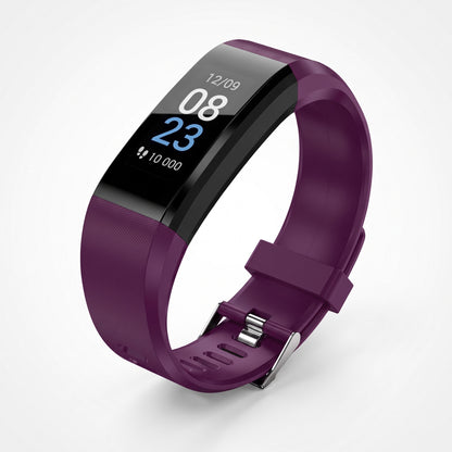 Bracelet connecté violet à écran couleur affichant l'heure et les pas