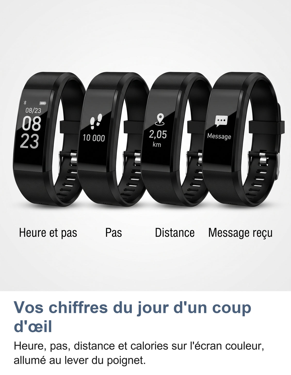 Quatre écrans du bracelet connecté: heure et pas, pas, distance et message reçu