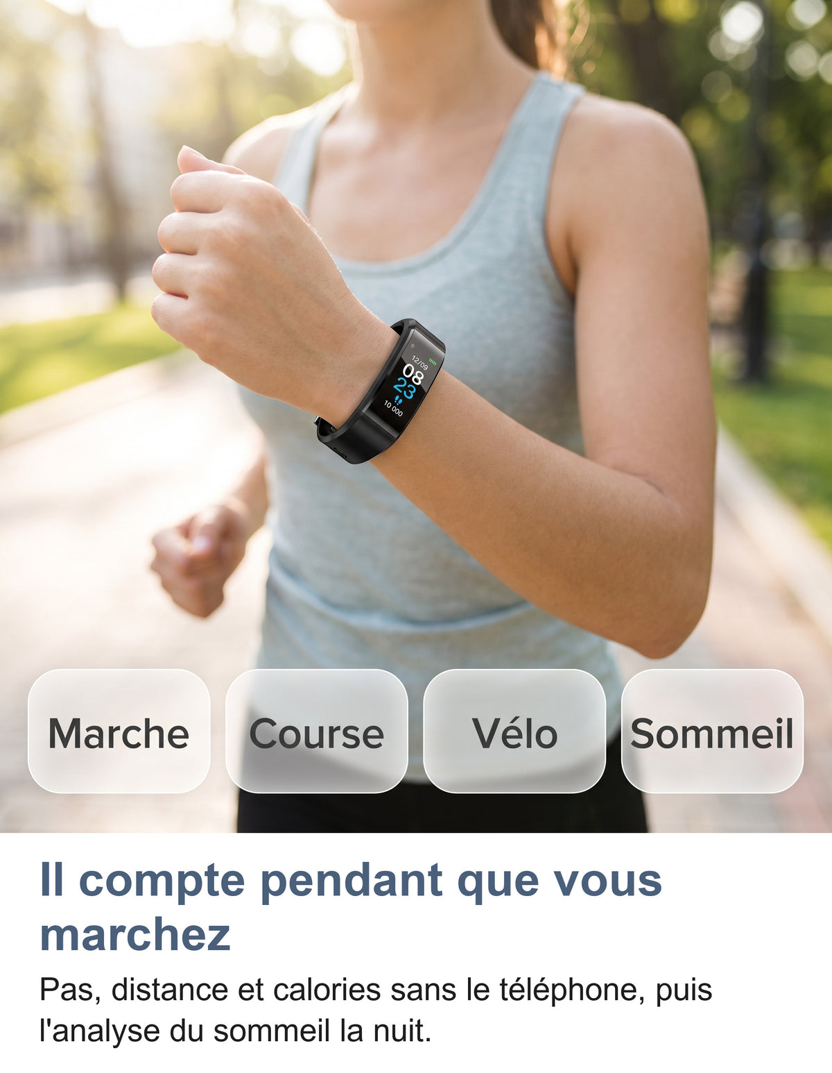 Femme marchant dehors avec le bracelet connecté: marche, course, vélo, sommeil