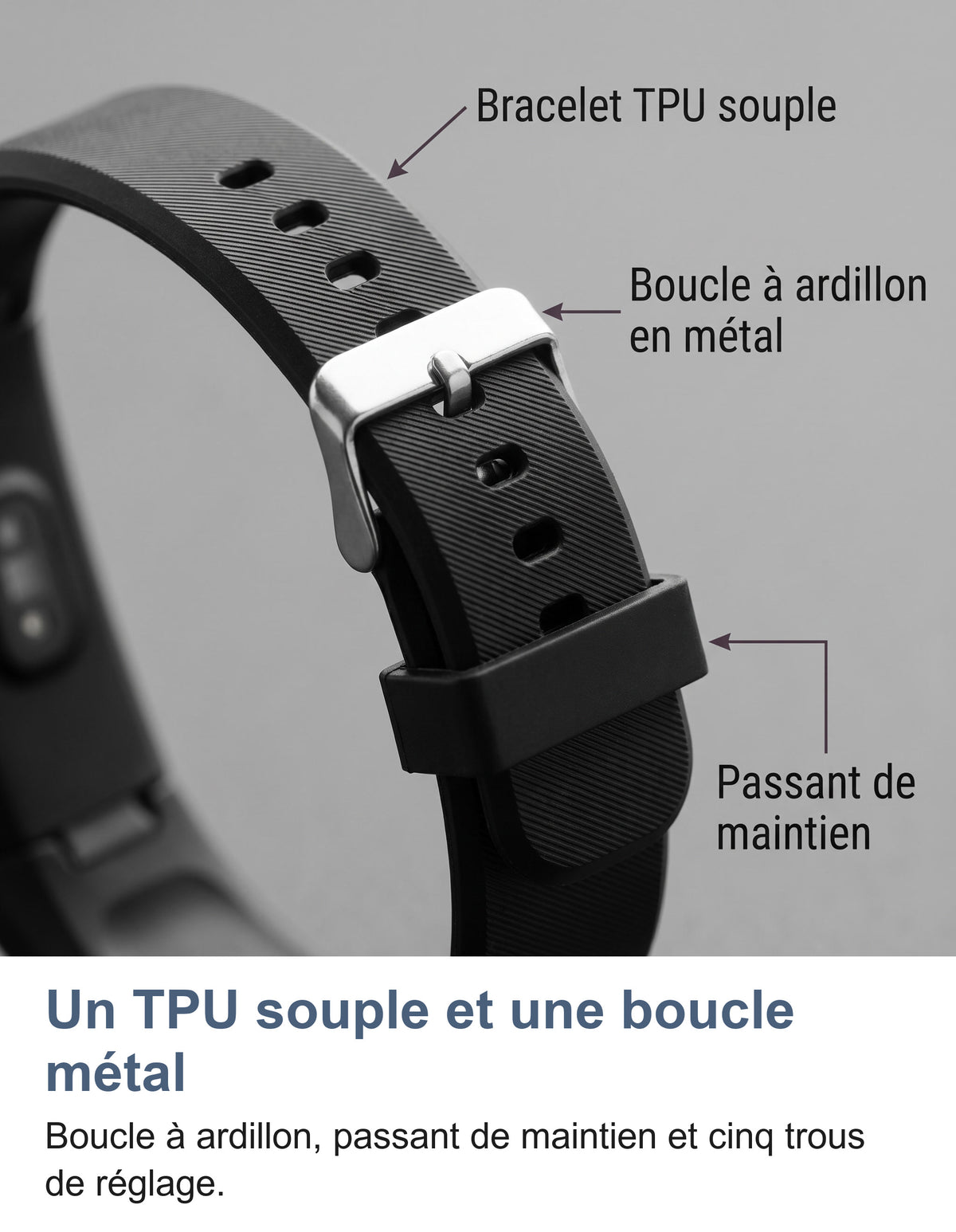Détail du bracelet TPU souple, de la boucle à ardillon en métal et du passant