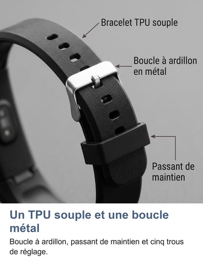 Détail du bracelet TPU souple, de la boucle à ardillon en métal et du passant