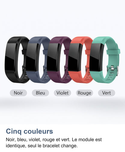 Les cinq couleurs du bracelet connecté: noir, bleu, violet, rouge et vert