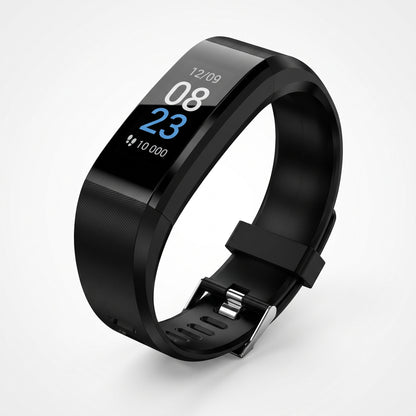 Bracelet connecté noir à écran couleur affichant l'heure et les pas
