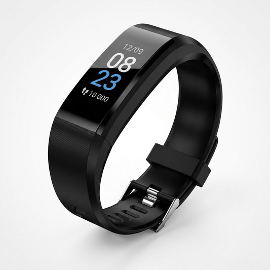 Bracelet connecté noir à écran couleur affichant l'heure et les pas