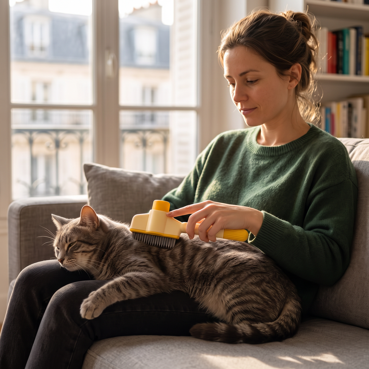 Le chat sur les genoux, la brosse dans la paume