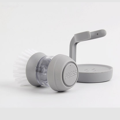 Brosse vaisselle avec distributeur de savon intégré et support égouttoir, autre angle
