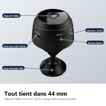 Objectif 1080p, micro SD 128 Go, base aimantee